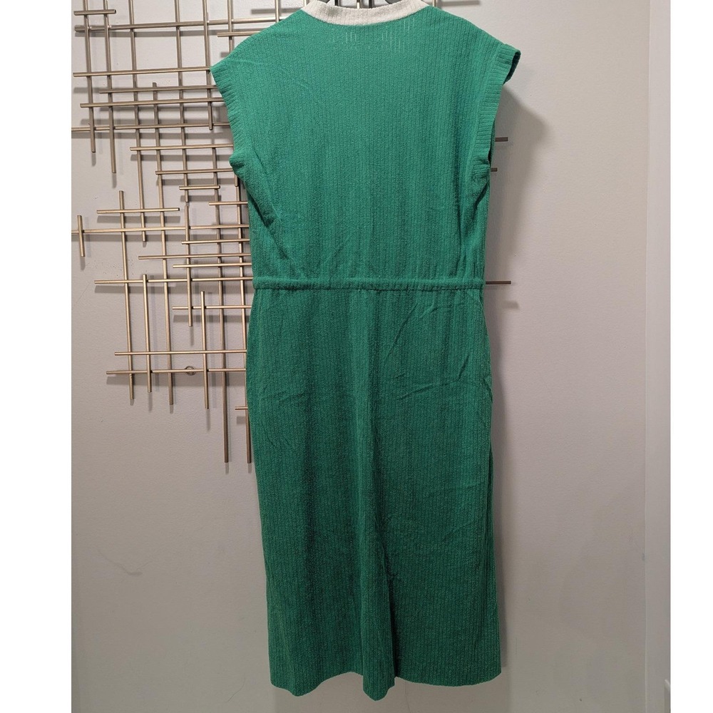 Vtg Midi Dress Green White Trim Terry Cloth Ribbed V-Neck Measures SP Retro - Picture 2 of 6